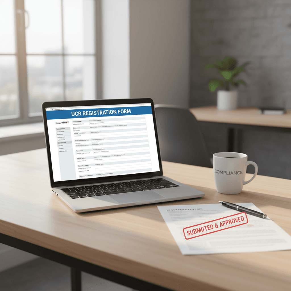 A laptop and a stamped Form 2290 on a clean desk with a coffee mug