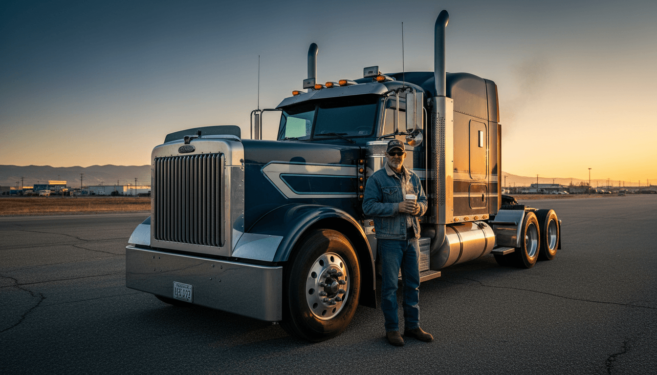 Owner-operator standing beside semi-truck at sunrise, coffee in hand, open highway ahead